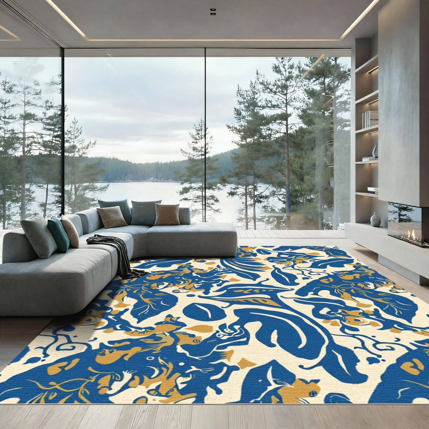 Blue Gold Lush Floral Swirl Rug