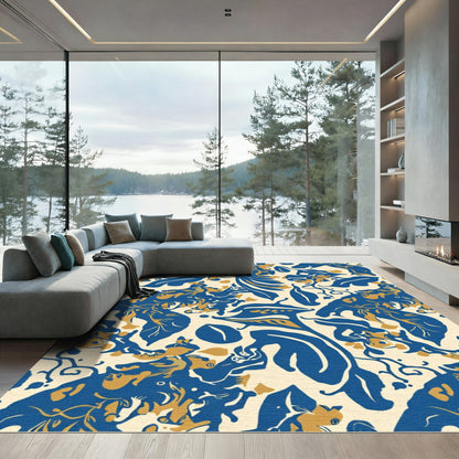 Blue Gold Lush Floral Swirl Rug