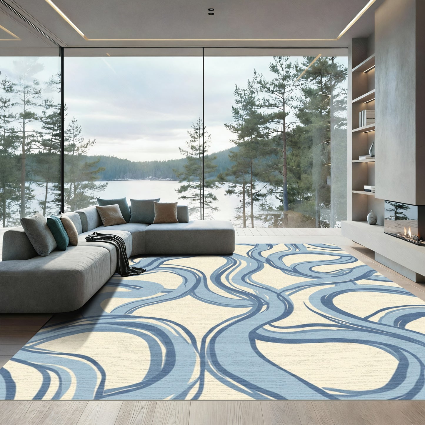 Pale Blue Swirl Abstract Stream Rug