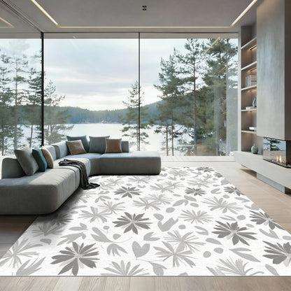 Monochrome Floral Leaf Arrangement Rug