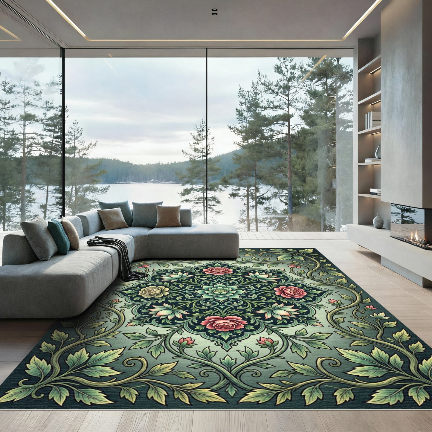 Sage Floral Medallion with Lush Vines Rug