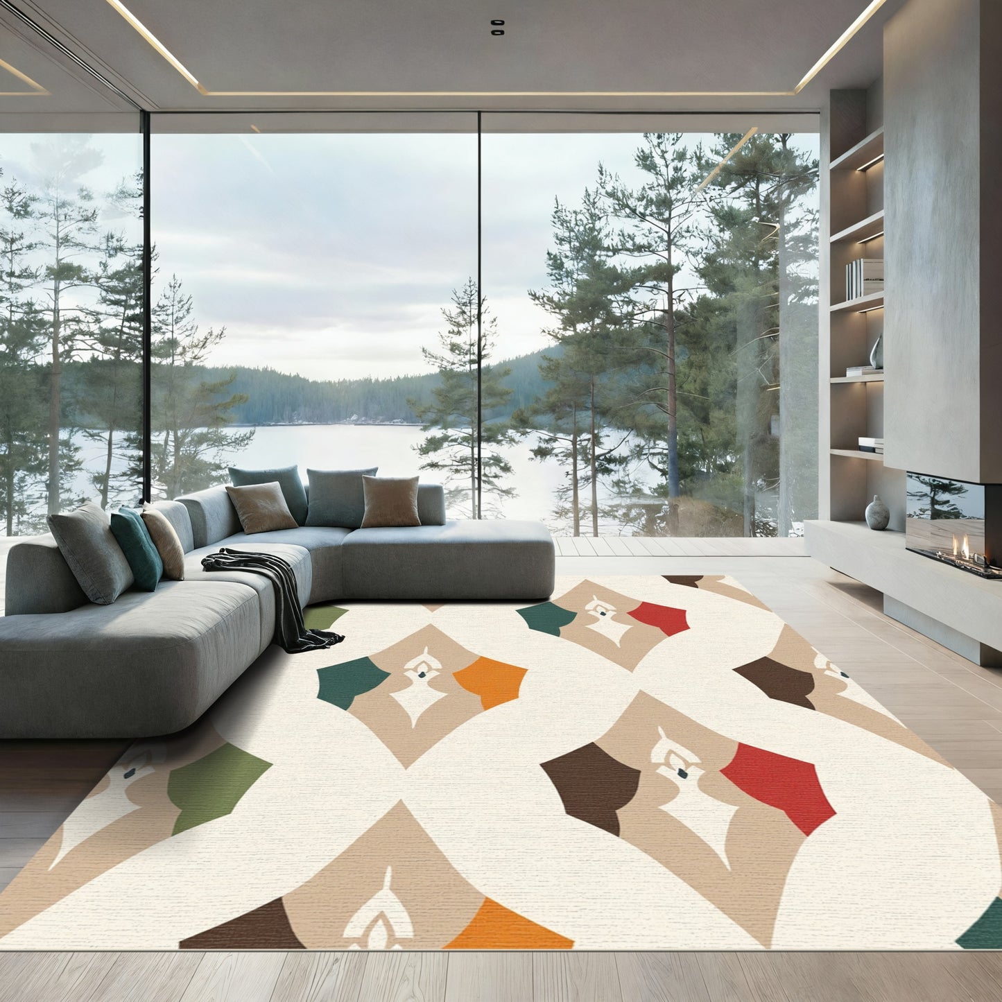 Abstract Cream Geometric Teal Medallion Rug
