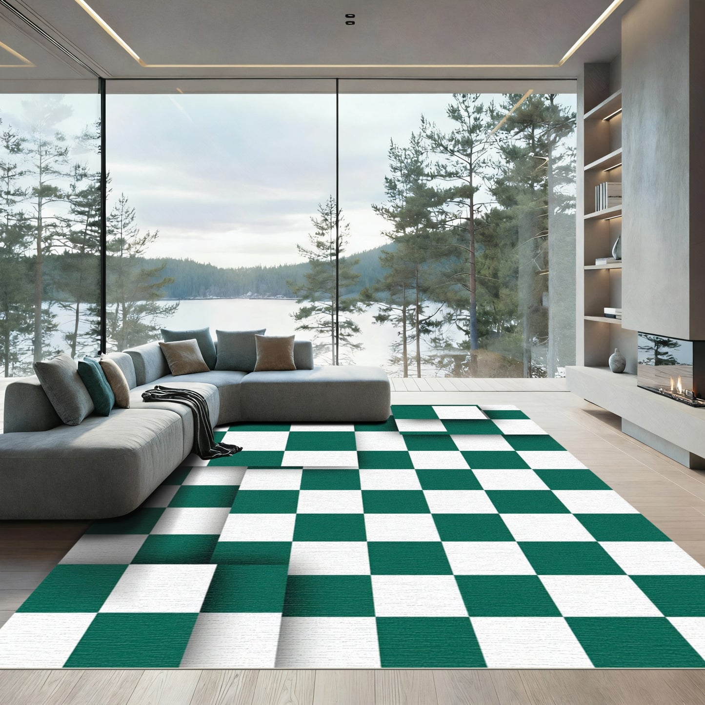 Modern Emerald Forest Checkerboard Layered Tile Rug