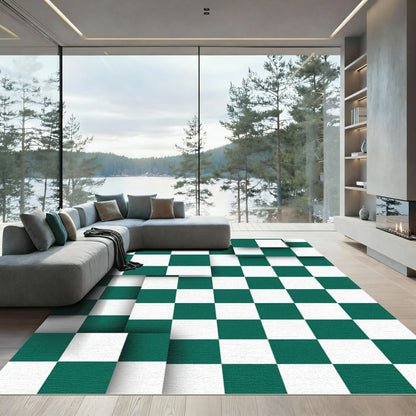 Modern Emerald Forest Checkerboard Layered Tile Rug