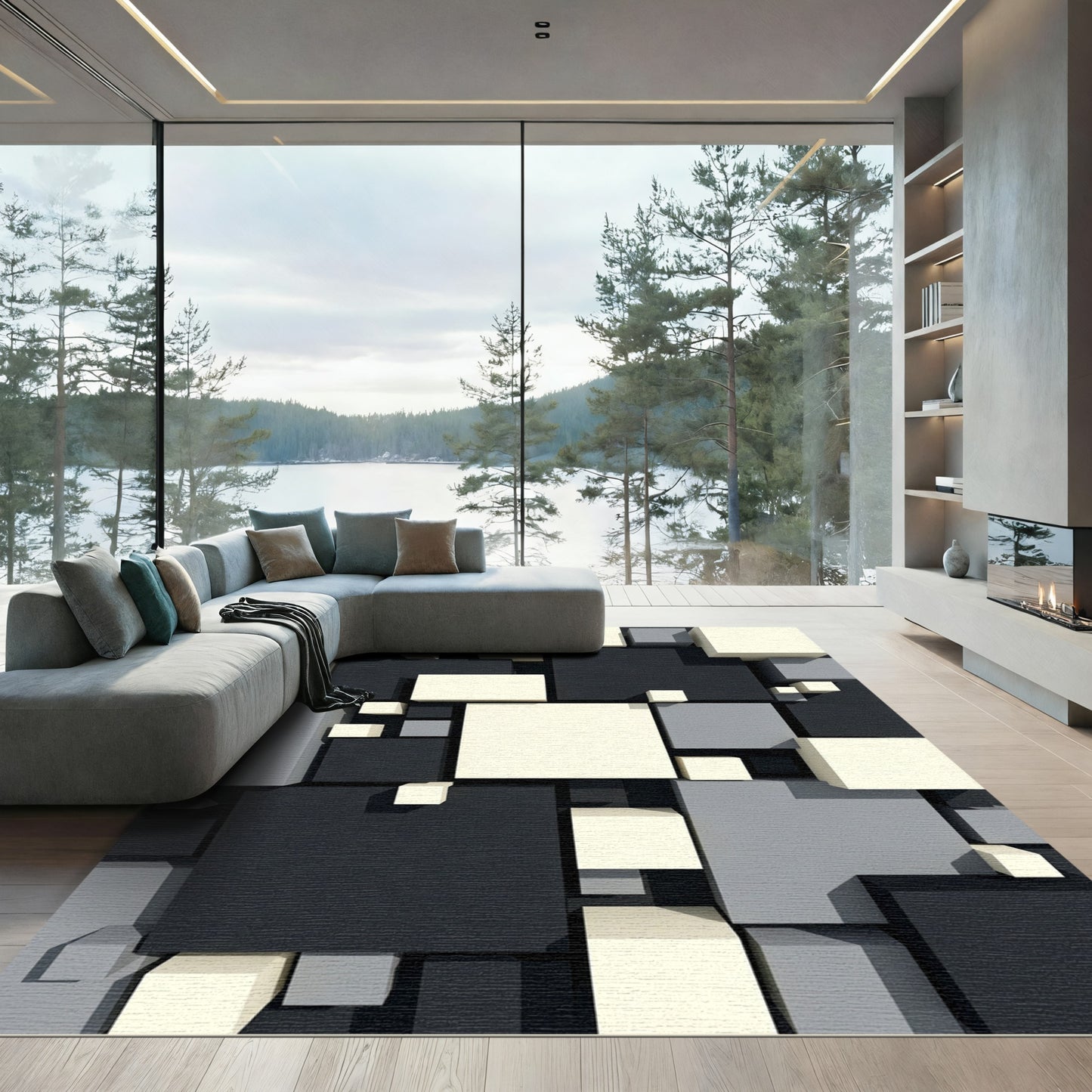 Modern Monochromatic Geometric Cube Block Rug