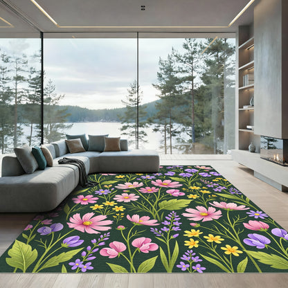 Pink Purple Yellow Floral Meadow Garden Rug