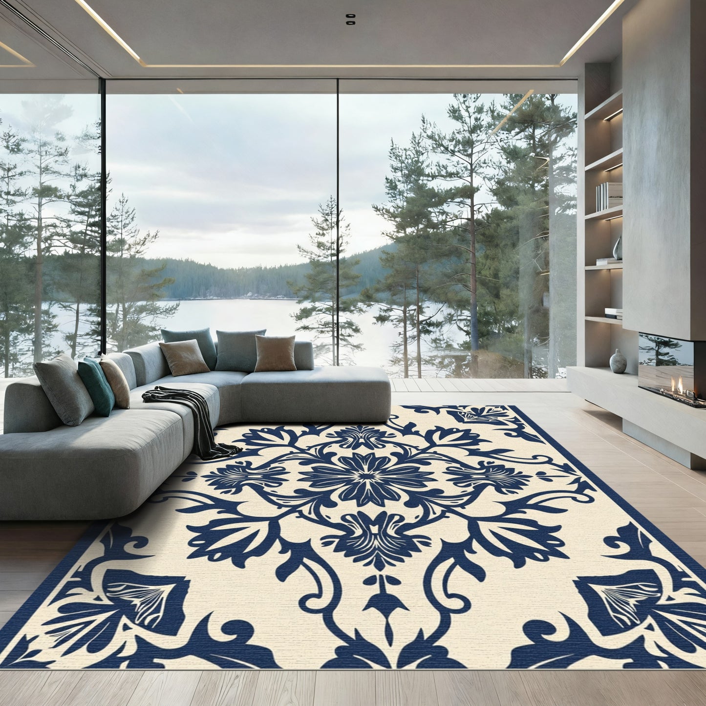 Navy Floral Damask Scrolling Vines Rug