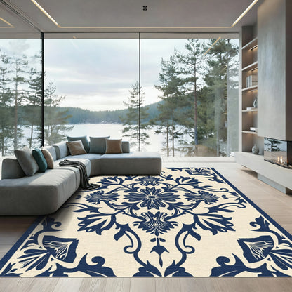 Navy Floral Damask Scrolling Vines Rug