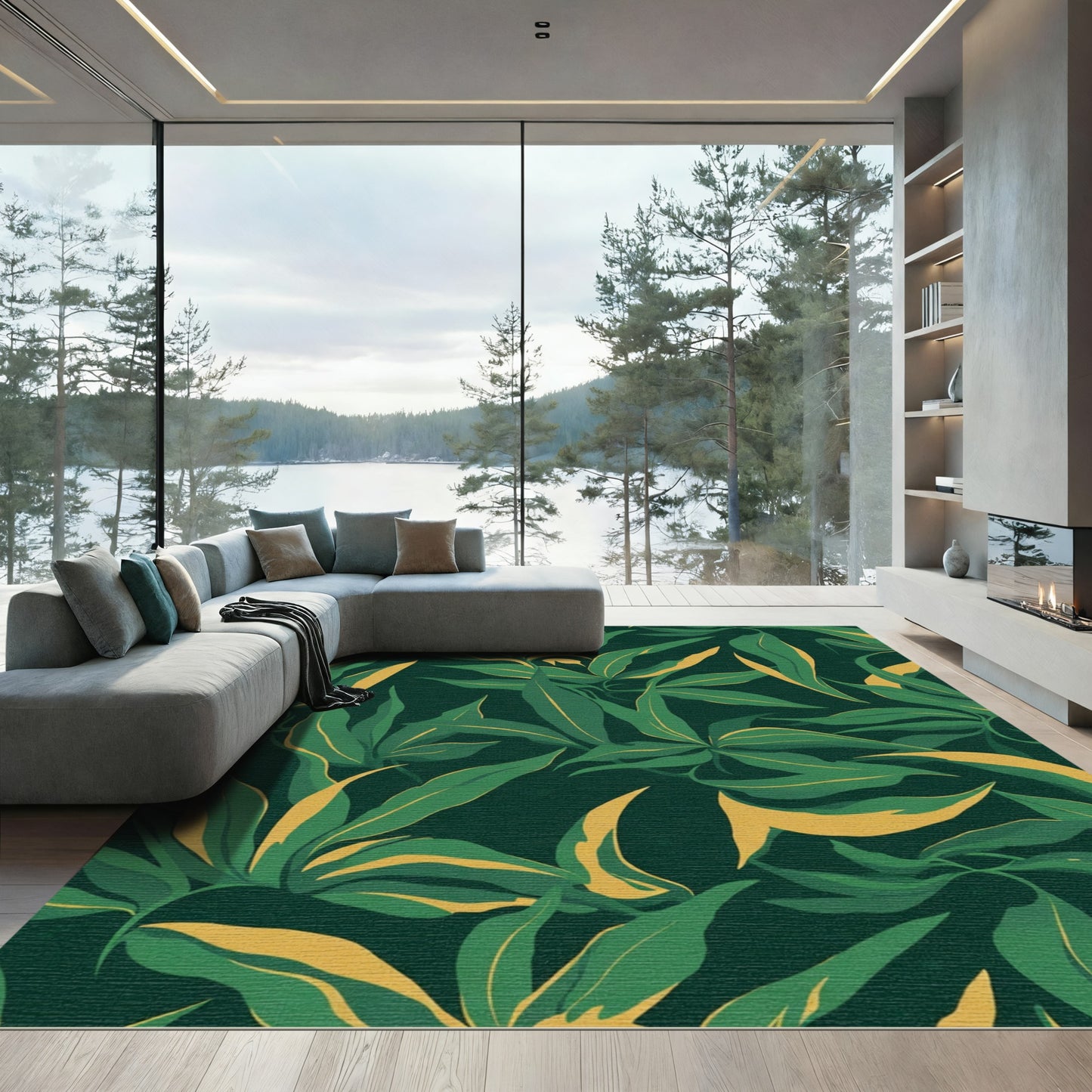 Deep Green Gold Leafy Pattern Rug