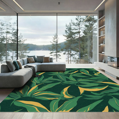 Deep Green Gold Leafy Pattern Rug