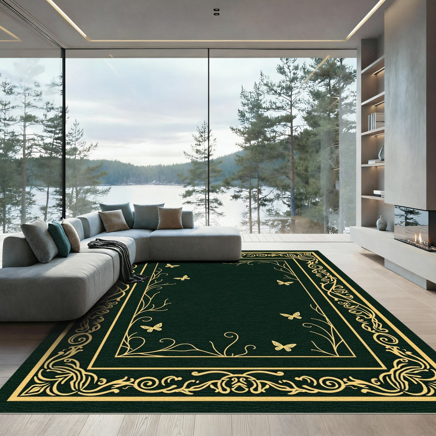 Dark Green Gold Butterfly Garden Frame Rug