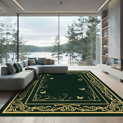 Dark Green Gold Butterfly Garden Frame Rug