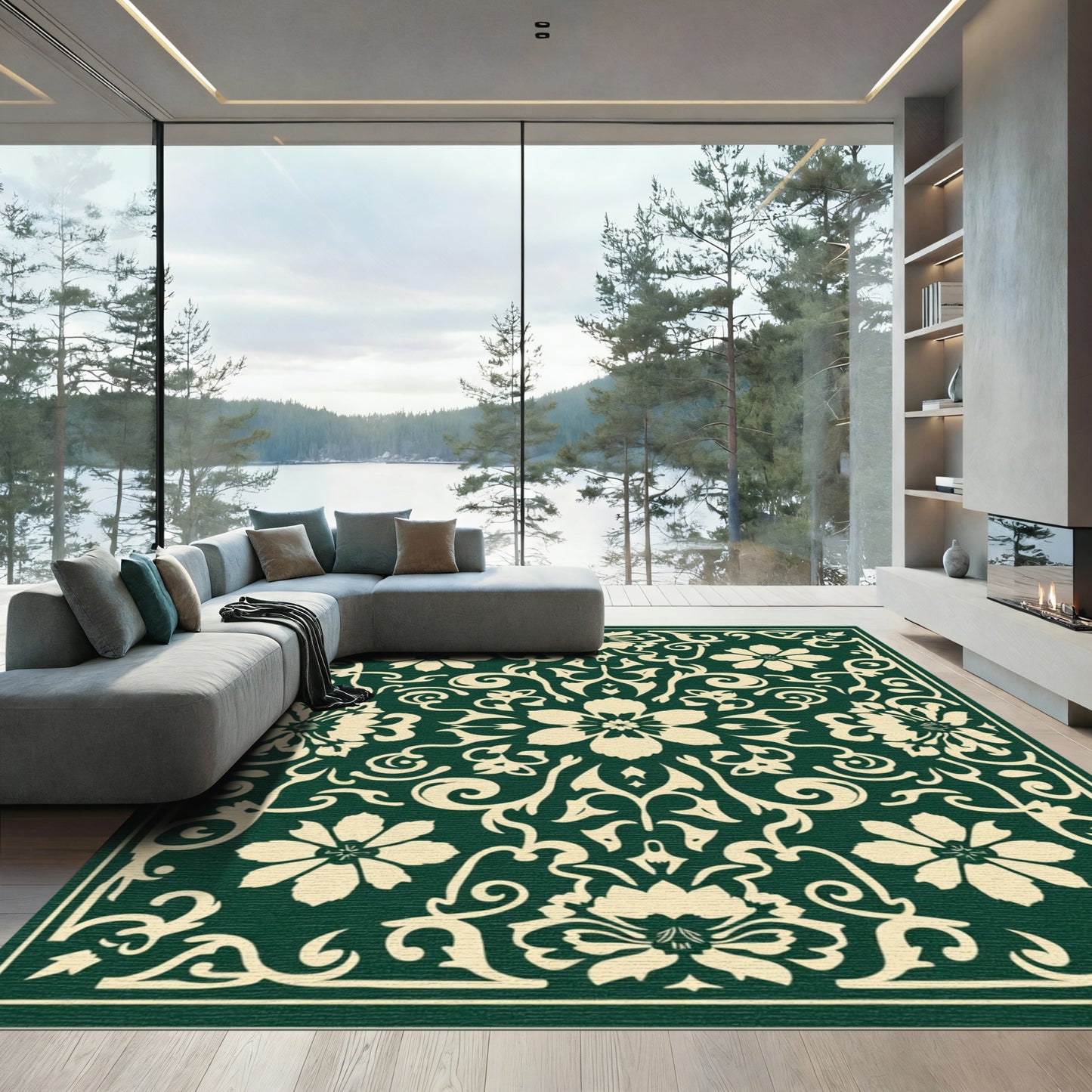 Elegant Cream Floral Damask Emerald Rug