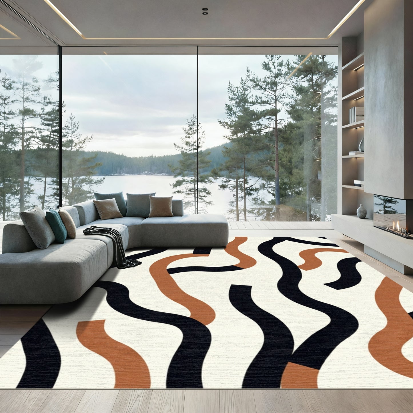 Abstract Black Brown Wavy Lines Rug