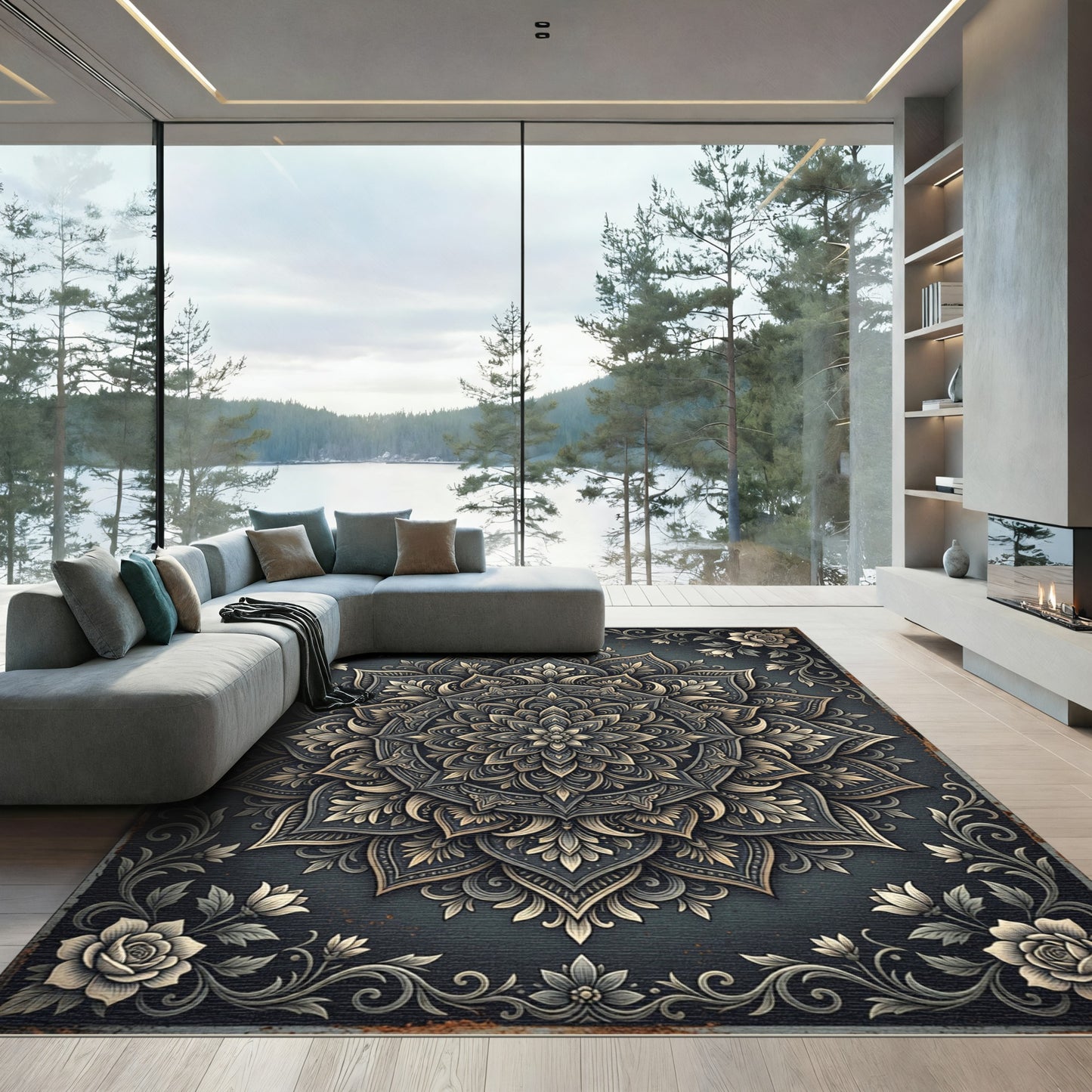 Elegant Charcoal Floral Medallion Acreage Rug