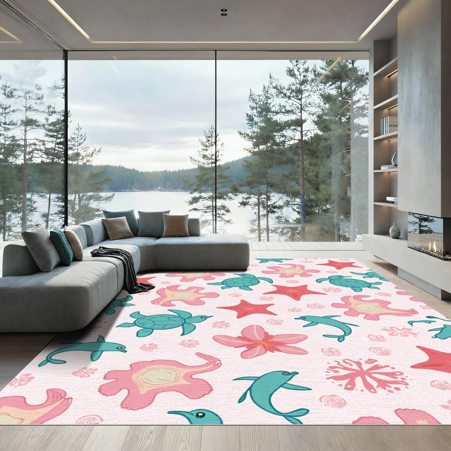 Teal Turtle Dolphin Coral Starfish Pattern Rug