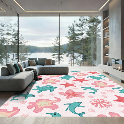 Teal Turtle Dolphin Coral Starfish Pattern Rug