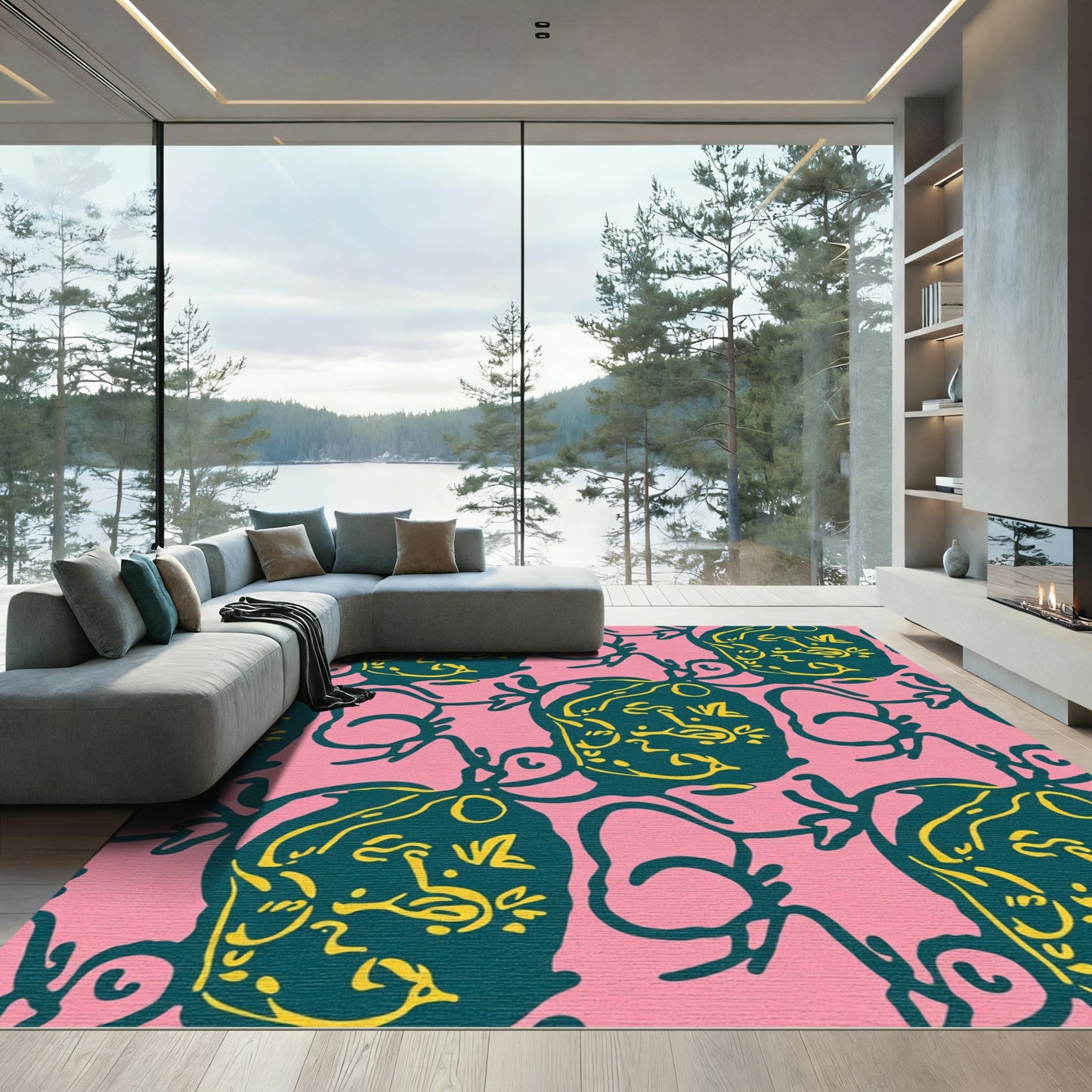 Teal Pink Yellow Pomegranate Vine Rug