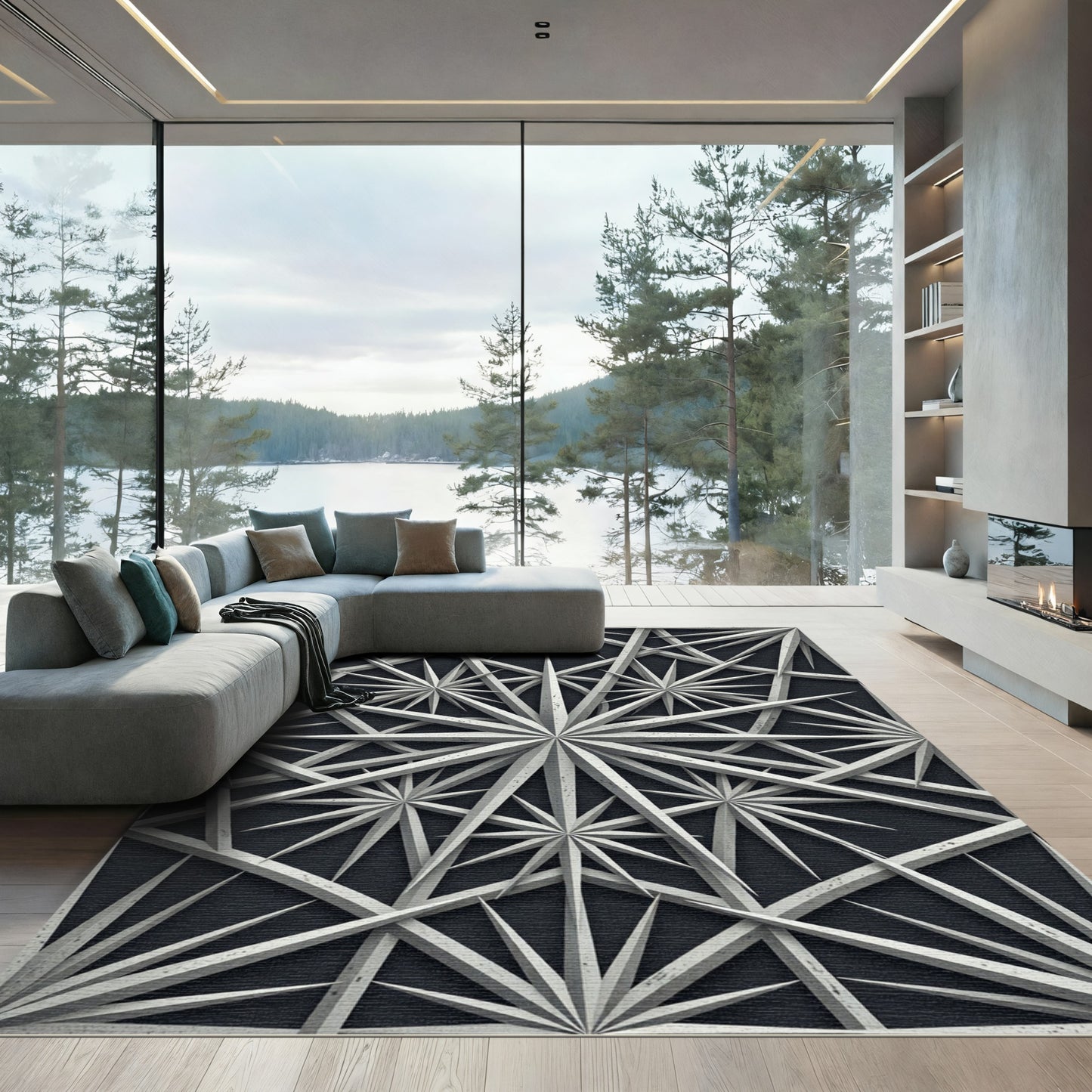 Monochromatic Geometric Starburst Angular Art Rug
