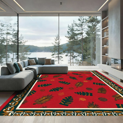 Crimson Tropical Leaf And Stripe Border Rug