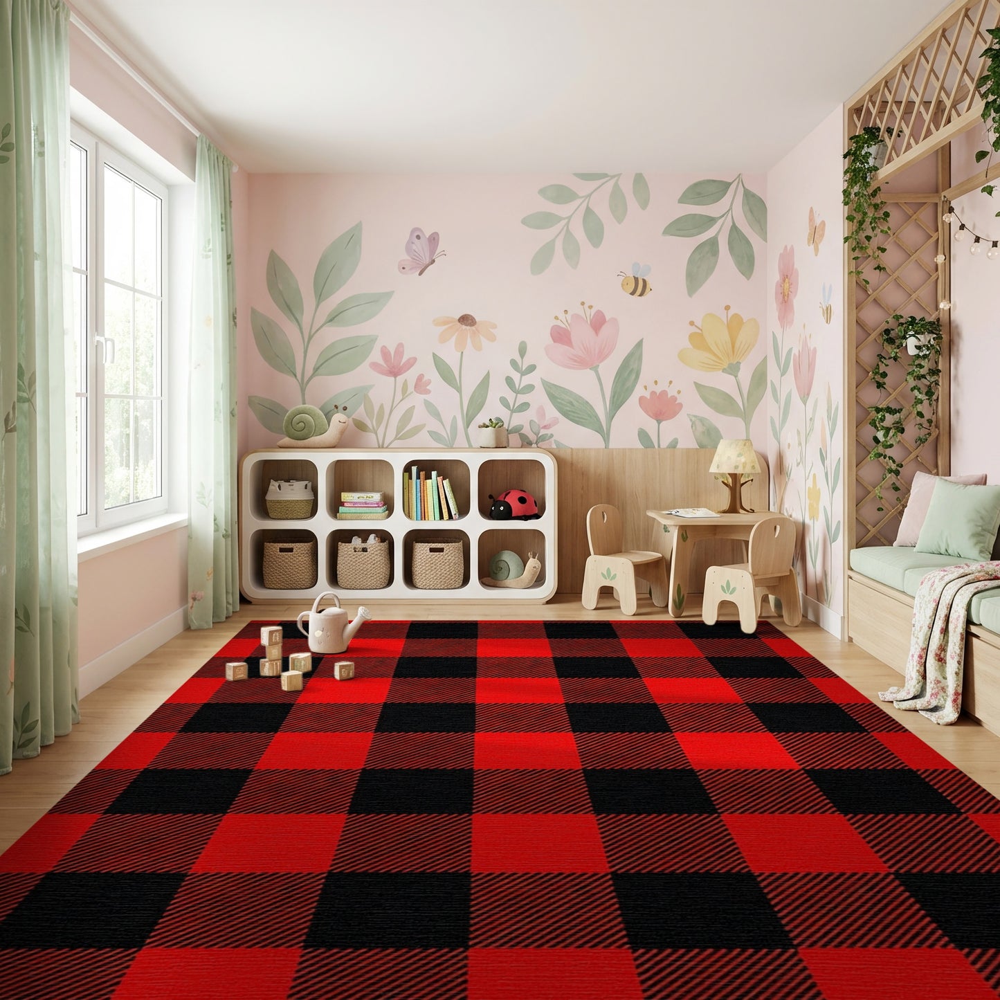 Classic Black Red Plaid Rug