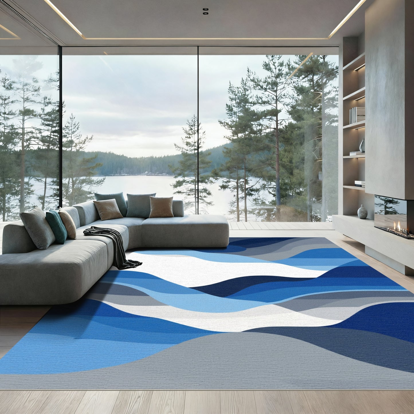 Abstract Blue Gradient Wave Rug