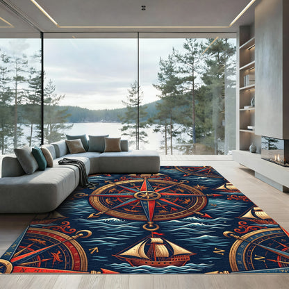 Nautical Compass Gold Ship Navy Ocean Rug