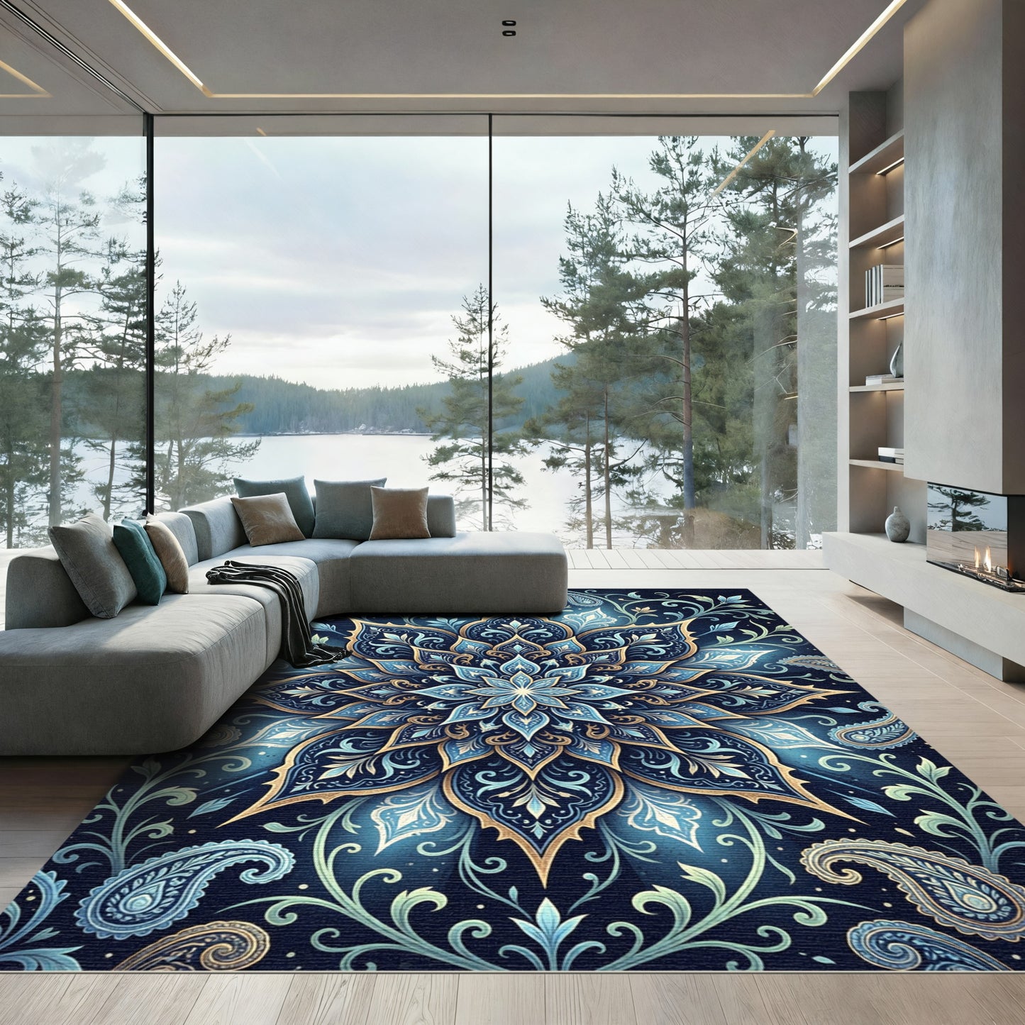 Elegant Indigo Floral Medallion Paisley Rug
