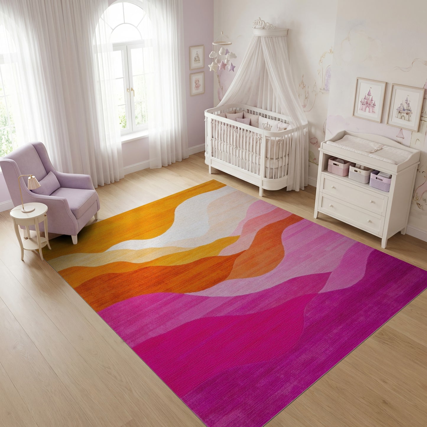 Modern Layered Wavy Orange Pink Rug
