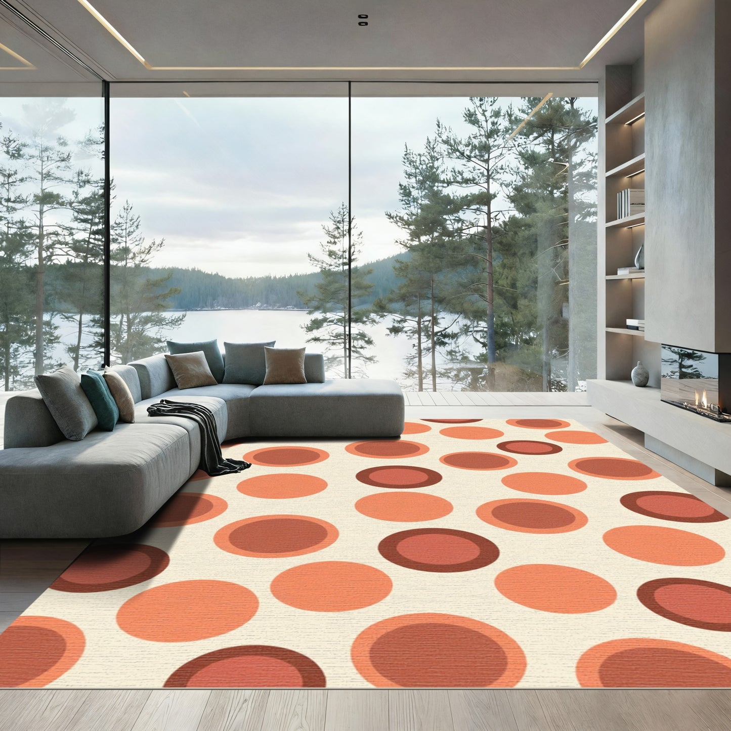 Retro Red Orange Circles Pattern Rug