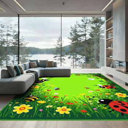 Whimsical Bumblebee Ladybug Meadow Rug