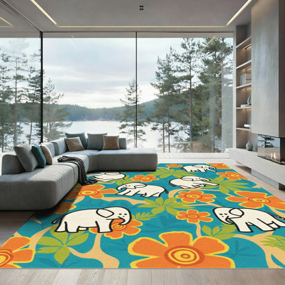 Playful White Elephants Tropical Floral Rug