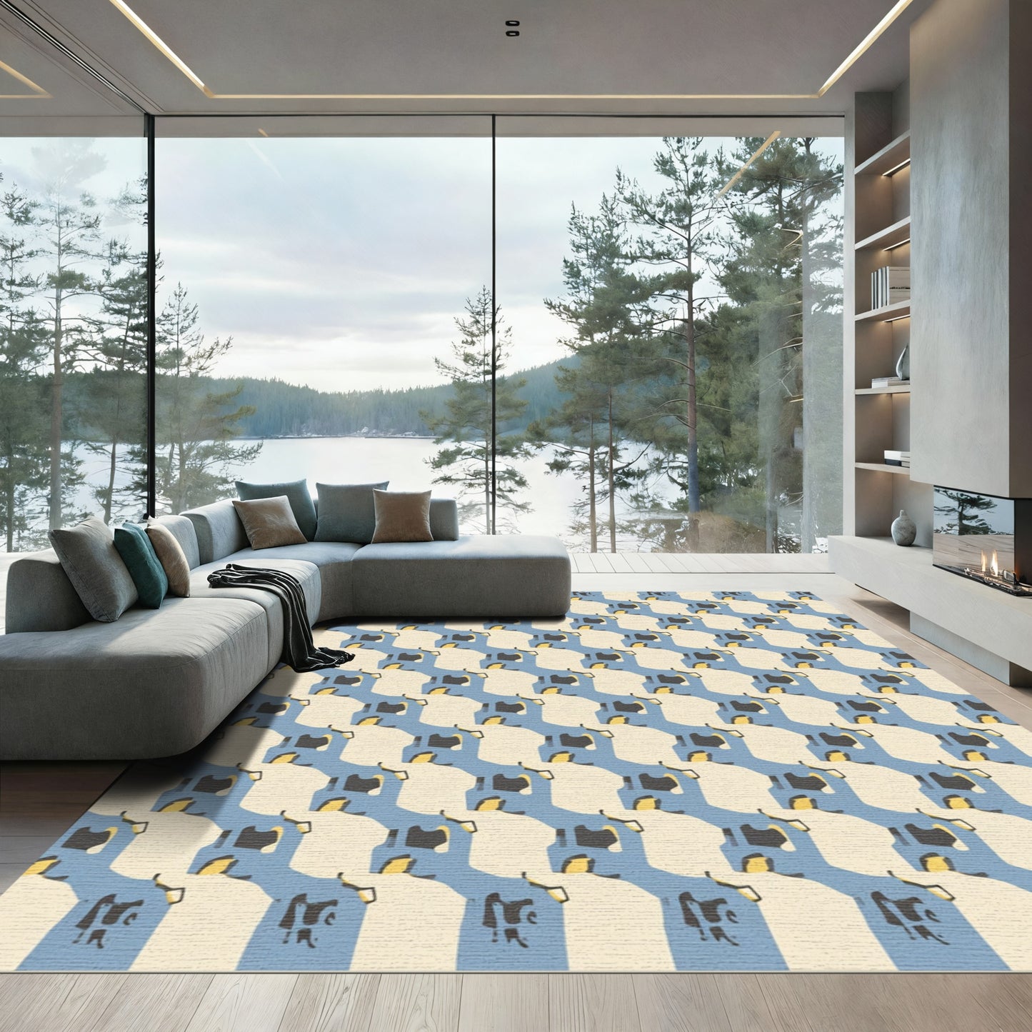 Abstract Blue Cream Geometric Figures Rug
