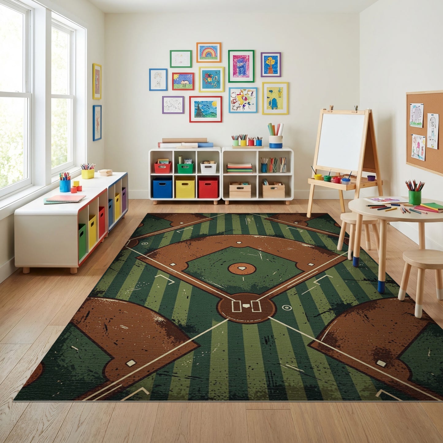 Vintage Distressed Baseball Diamond Pattern Rug