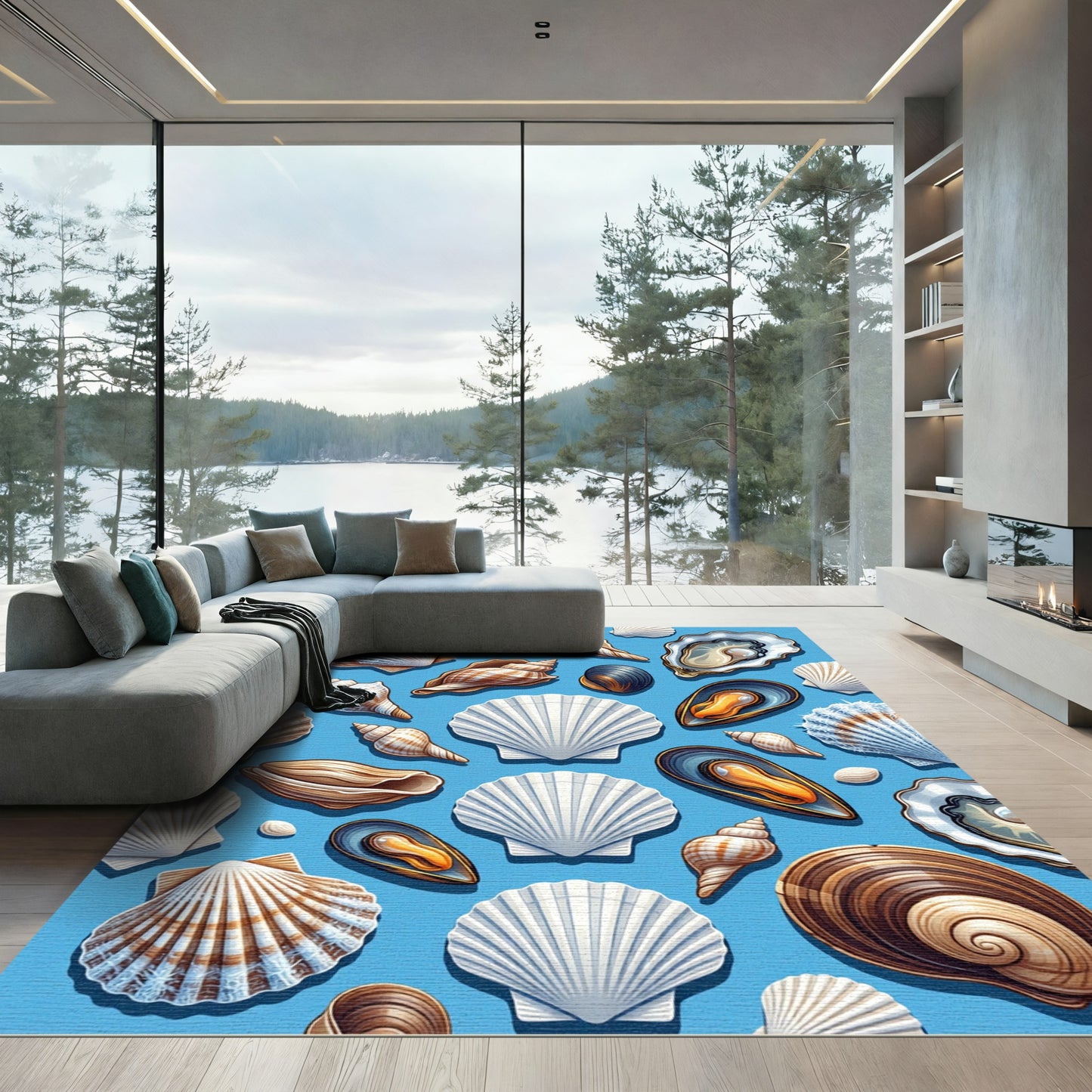 Blue Coastal Seashell Marine Ocean Art Rug