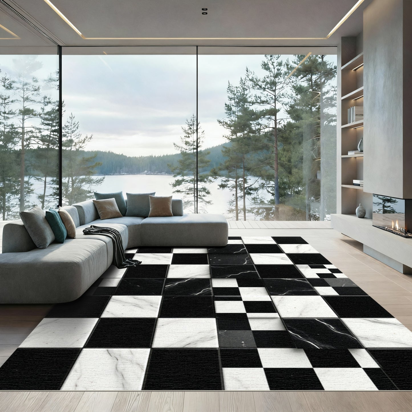 Black White Marble Checkerboard Squares Rug