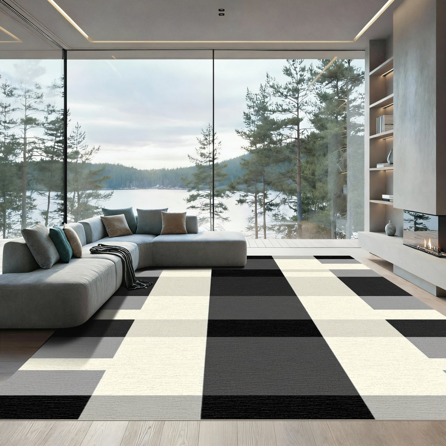Bold Monochrome Checkered Plaid Rug