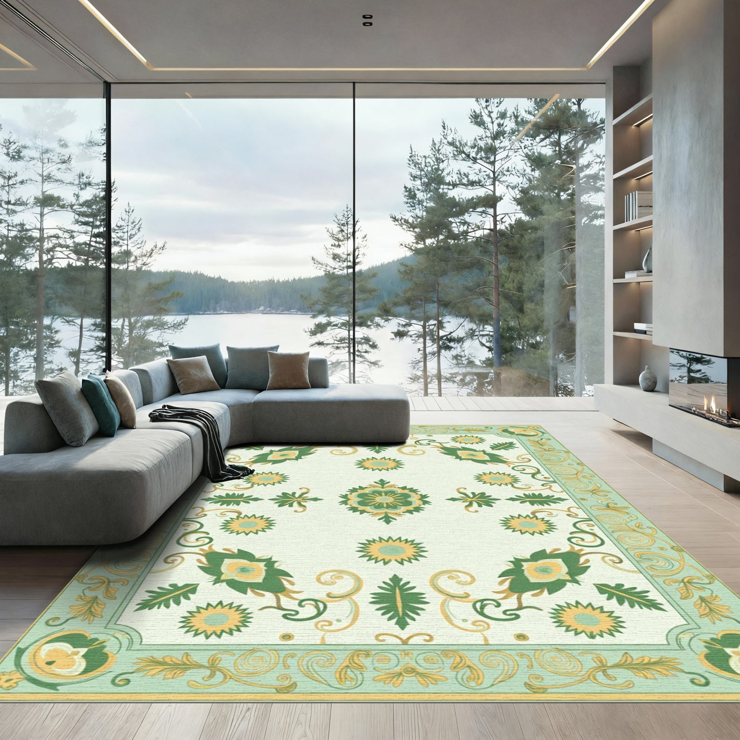 Green Yellow Floral Medallion Border Rug