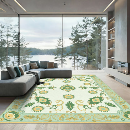 Green Yellow Floral Medallion Border Rug