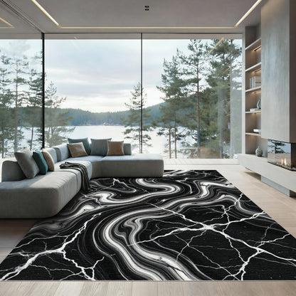 Dramatic Black White Vein Swirl Rug