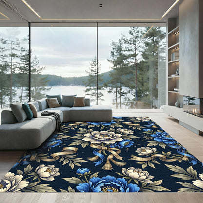Blue Peony Botanical Ribbon Arrangement Rug