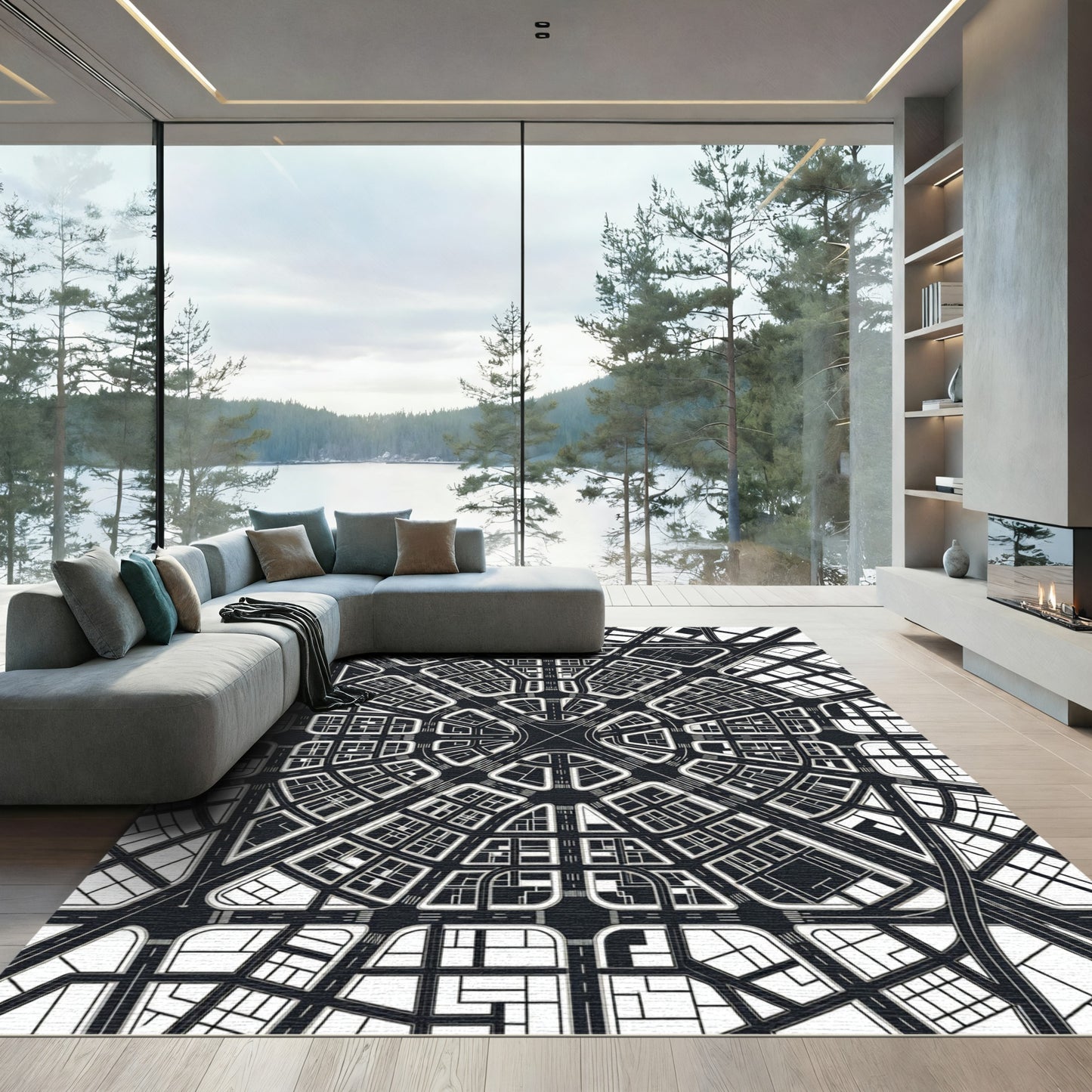 Monochrome Urban Grid City Map Rug
