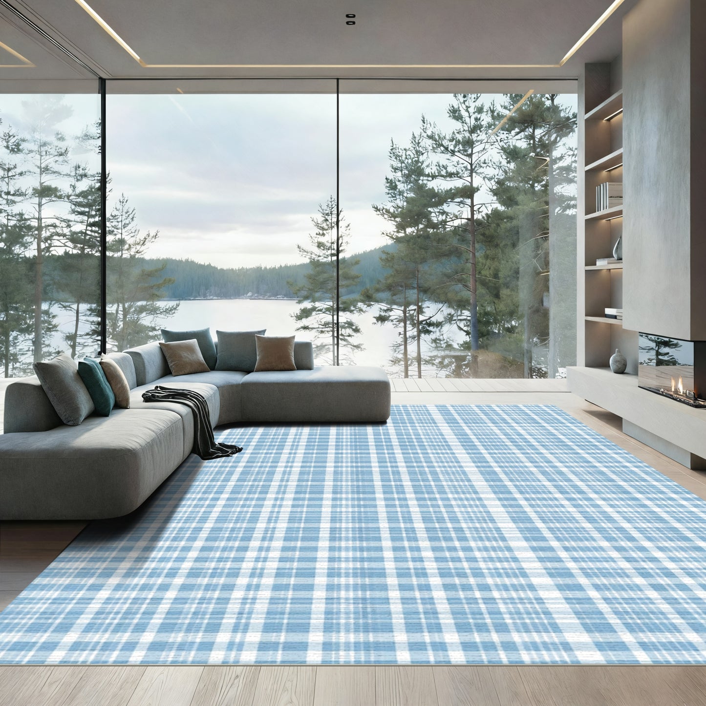 Soft Blue Plaid Grid Lines Rug