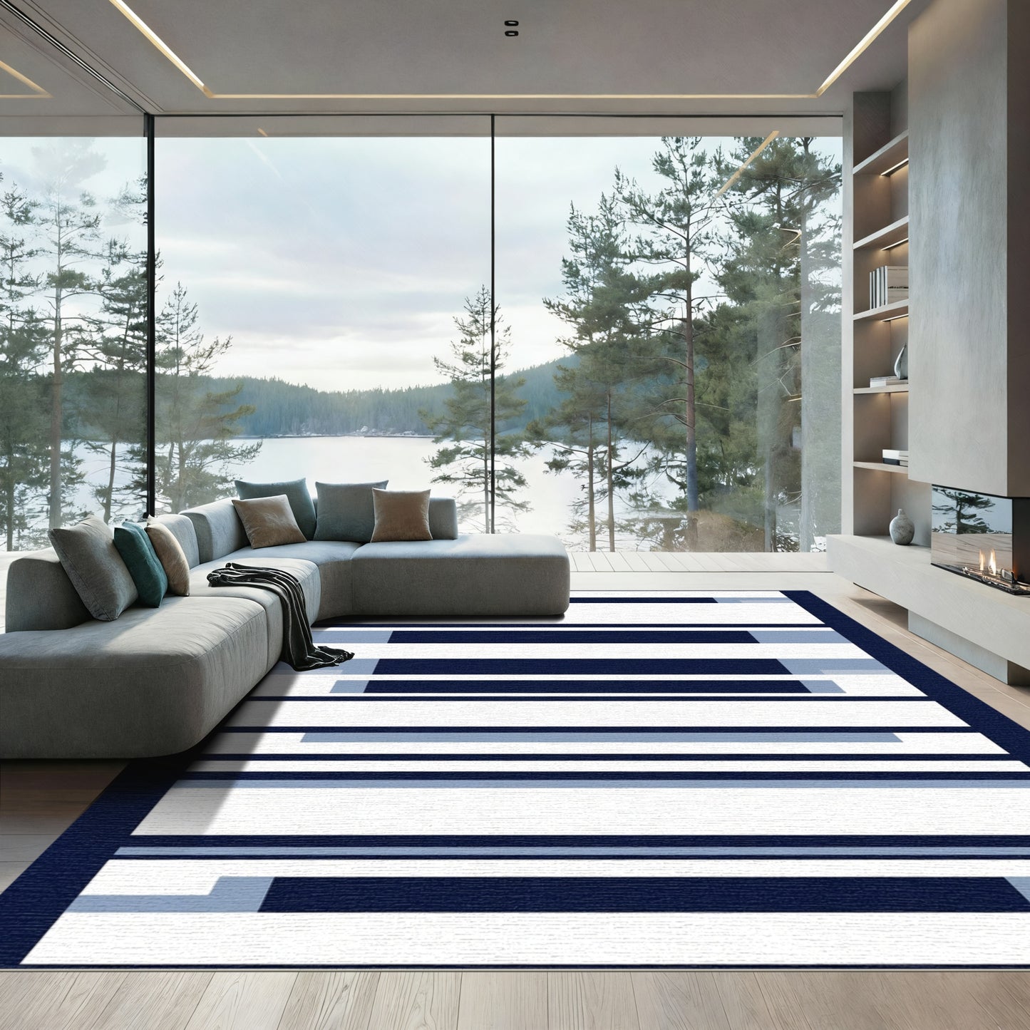 Navy White Blue Striped Rectangular Rug