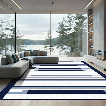 Navy White Blue Striped Rectangular Rug