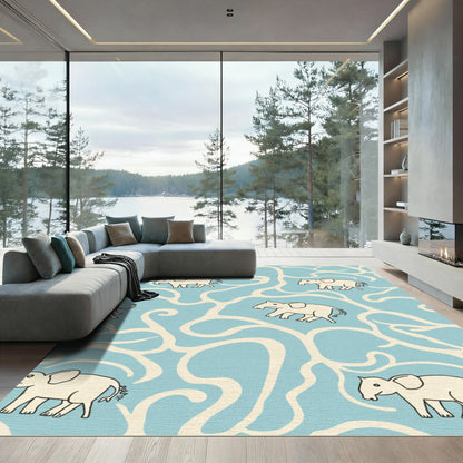 Whimsical Ivory Elephants Blue Swirls Rug