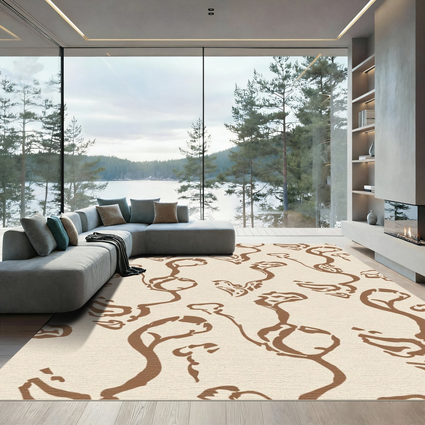 Cream Brown Organic Abstract Flow Rug