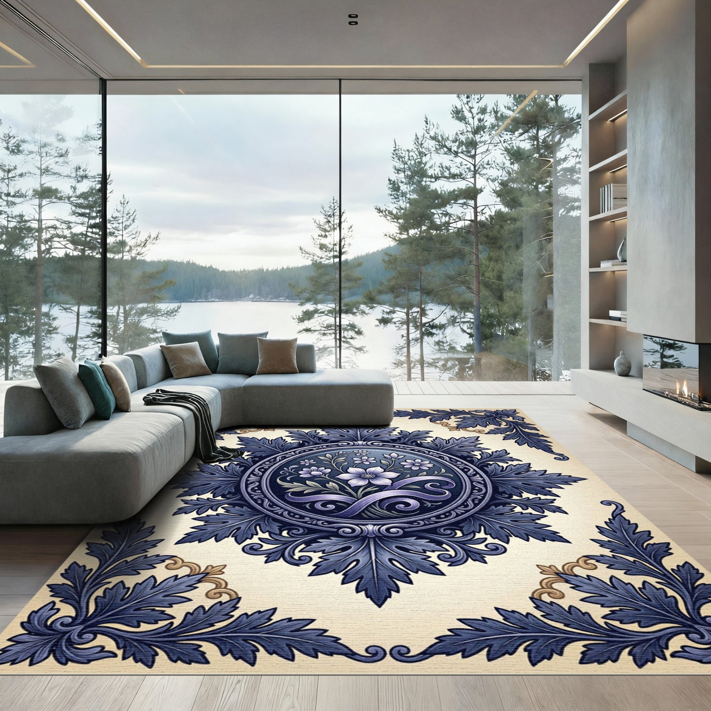 Deep Blue Floral Acanthus Scroll Medallion Rug