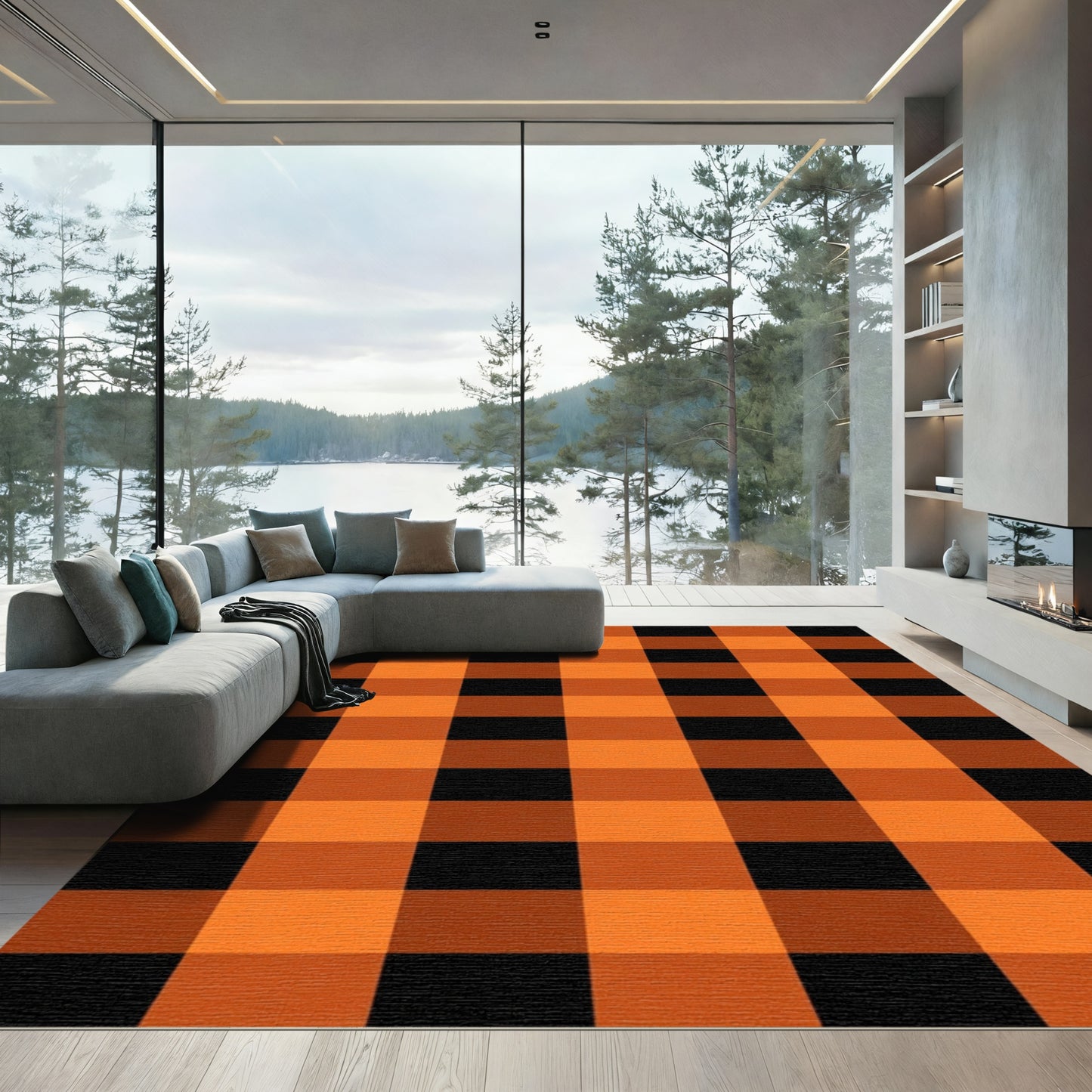 Orange Black Checkered Buffalo Rug