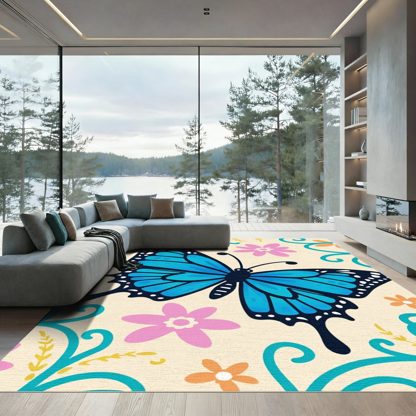 Whimsical Blue Butterfly Floral Swirls Rug